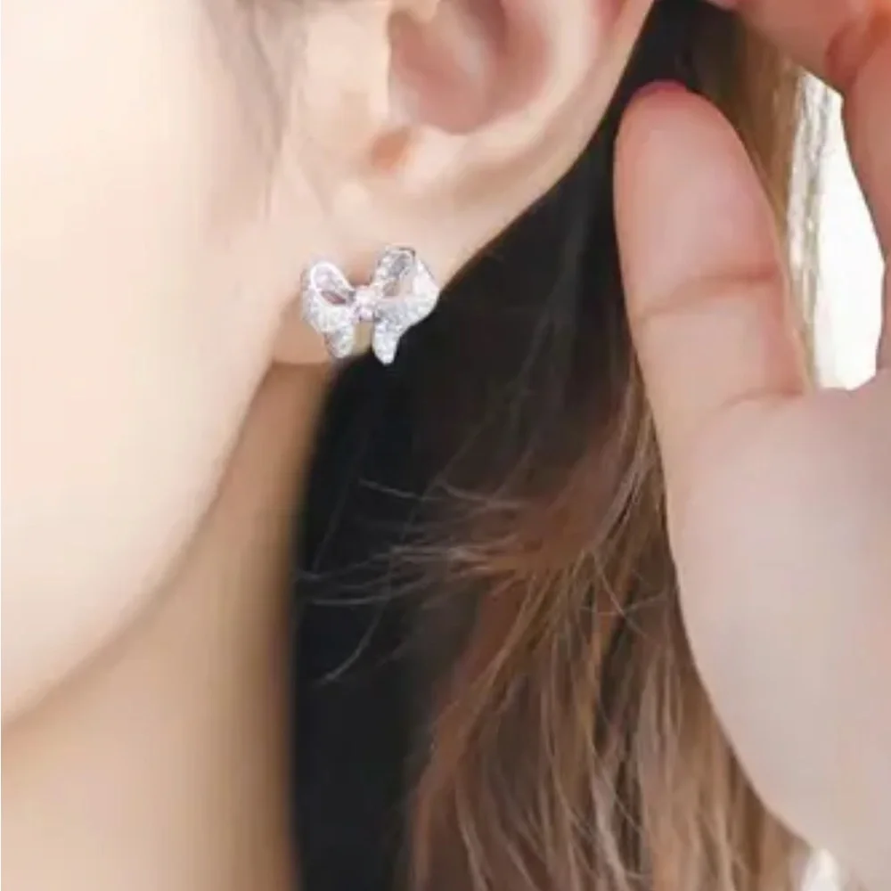 Shiny Bow knot Stud Earrings Inlaid Shiny Zircon Elegant Daily Wear Jewelry - Picture 5 of 8